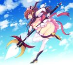  1girl blue_sky breasts brown_hair cloud elbow_gloves frilled_skirt frills gloves green_eyes high_heels highres holding holding_staff long_hair magical_girl mahou_senshi_extra_ignition panties pleated_skirt ribbon saitou_natsuki skirt sky staff sweet_lip thighhighs underboob underwear white_gloves white_panties white_thighhighs 