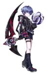  1boy black_footwear black_hoodie black_shorts blue_eyes boots elsword full_body grey_hair highres holding holding_scythe hood hood_down hoodie male_focus noah_ebalon official_art scythe second_dejection_(elsword) short_hair shorts solo thigh_strap transparent_background 