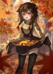  1girl :d alternate_costume animal_ears autumn autumn_leaves bangs black_thighhighs bone_hair_ornament braid brown_hair brown_skirt cartoon_bone commentary_request dog_ears feet_out_of_frame floppy_ears hair_ornament highres hololive inugami_korone long_hair long_sleeves looking_at_viewer open_mouth orange_eyes outdoors skirt skirt_basket skirt_hold smile solo soraneko_(purin_kudasai) suspender_skirt suspenders sweater thighhighs turtleneck twin_braids virtual_youtuber yellow_sweater 