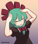  1girl bow commission ferdy&#039;s_lab front_ponytail green_hair hair_bow hair_ribbon hands_on_own_head highres kagiyama_hina red_bow red_ribbon ribbon solo touhou twitter_username upper_body 