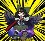  1girl arm_cannon atom bird_wings black_background black_gloves black_hair black_socks black_wings boots bow breasts bright_pupils brown_footwear cape center_frills collared_shirt commentary_request control_rod elbow_gloves feathered_wings frilled_shirt_collar frills full_body gloves green_bow green_skirt hair_bow highres kneehighs long_hair looking_at_viewer medium_bangs medium_breasts open_mouth print_cape red_eyes reiuji_utsuho rn_(sbr2933090) shirt shoes short_sleeves single_shoe skirt smile socks solo standing starry_sky_print third_eye touhou two-tone_background weapon white_cape white_pupils white_shirt wings yellow_background 