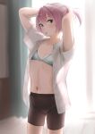  1girl absurdres bike_shorts blue_eyes blush bra flat_chest green_bra hair_between_eyes hair_ornament highres indoors kantai_collection navel open_mouth pink_hair shiranui_(kancolle) shirt short_hair short_sleeves solo stomach tama_(tamago) underwear white_shirt 