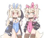  2girls :3 adapted_costume animal_collar animal_ear_fluff animal_ears bandaid_hair_ornament black_collar black_jacket blonde_hair blue_eyes blue_hair blue_hairband blue_leotard blush_stickers brown_thighhighs chibi collar cropped_jacket crossed_bangs dog_ears dog_girl dog_tail double-parted_bangs fake_animal_ears fishnet_thighhighs fishnets fur-trimmed_jacket fur_trim fuwawa_abyssgard groin hair_between_eyes hair_ornament hairband hairclip headphones headphones_around_neck highleg highleg_leotard hololive hololive_english jacket leotard long_sleeves mococo_abyssgard multicolored_hair multiple_girls nekoyama pink_eyes pink_hair pink_hairband pink_leotard playboy_bunny rabbit_ears short_hair siblings single_thighhigh sisters streaked_hair tail thighhighs twins two_side_up virtual_youtuber x_hair_ornament 