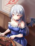  1girl black_wings blue_archive blue_dress blush braid breasts cleavage closed_mouth demon_wings dress eating fake_wings food fork frilled_sleeves frills grey_hair halo haruna_(blue_archive) highres holding holding_fork holding_knife knife komena_(shinyday312) large_breasts long_hair meat red_eyes red_halo short_sleeves side_braid single_wing smile solo steak wings 