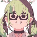  1girl antlers black_eyes buck_teeth ceres_fauna ceres_fauna_(3rd_costume) choker freckles glasses green_hair harutimu highres hololive hololive_english jirai_kei leaf mole mole_under_eye nerd_emoji teeth twintails white_background 