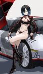  1girl absurdres azur_lane bikini black_bikini black_choker black_footwear black_hair black_jacket boots breasts can car choker cleavage closed_mouth collarbone criss-cross_halter cropped_jacket cross_piercing ear_piercing energy_drink feixiangdeguoli flag full_body hair_between_eyes hair_ornament hairclip halterneck high_heel_boots high_heels highres holding holding_can holding_flag horns jacket knee_boots long_sleeves looking_at_viewer medium_breasts motor_vehicle multicolored_hair multiple_straps nail_polish navel navel_piercing official_alternate_costume open_clothes open_jacket piercing race_queen red_horns red_nails shadow short_hair sidelocks simple_background sitting_on_car solo standing standing_on_one_leg stomach swimsuit ulrich_von_hutten_(azur_lane) ulrich_von_hutten_(ignition_matrician)_(azur_lane) white_background white_hair yellow_eyes 