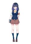  1girl 40hara armband blue_hair blue_socks blue_sweater_vest book bow bowtie brown_skirt colored_inner_hair commentary full_body highres holding holding_book iya_na_kao_sare_nagara_opantsu_misete_moraitai loafers looking_at_viewer multicolored_hair open_mouth pleated_skirt purple_eyes purple_hair shirt shoes simple_background skirt socks solo sweater_vest two-tone_hair white_background white_shirt yellow_armband yellow_bow yellow_bowtie 