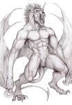  abs anthro bat biped claws demon fangs feral hi_res male mammal mane monochrome pecs silgiriya_mantsugosi solo tail teeth winged_arms wings 