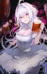  1girl absurdres ahoge alcohol amzk_knr bare_shoulders beer beer_mug breasts cleavage cleavage_cutout clothing_cutout corset cup dirndl dress fate/grand_order fate_(series) german_clothes grin highres lady_avalon_(event_portrait)_(fate) lady_avalon_(fate) long_hair looking_at_viewer medium_breasts merlin_(fate/prototype) mug pointy_ears purple_eyes smile solo white_dress white_hair 