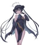  1girl bare_shoulders black_dress black_gloves black_hair black_jacket blue_archive blue_eyes breasts china_dress chinese_clothes covered_navel doggo34476335 double_bun dragon_print dress gloves hair_bun halo hand_up highres jacket kisaki_(blue_archive) long_hair long_sleeves looking_at_viewer medium_breasts no_panties off_shoulder open_clothes open_jacket parted_lips pelvic_curtain print_dress simple_background sleeveless sleeveless_dress solo striped striped_jacket taut_clothes taut_dress thighs twintails very_long_hair white_background 