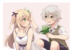  1boy 1girl alternate_costume bandaid bandaid_on_face bandaid_on_nose bennett_(genshin_impact) black_shorts blonde_hair breasts brown_vest closed_mouth dress fischl_(genshin_impact) flower genshin_impact green_eyes grey_hair hair_between_eyes hair_flower hair_ornament hair_over_one_eye hair_ribbon holding holding_flower kibashiba long_hair open_mouth purple_ribbon ribbon shirt short_hair short_sleeves shorts smile vest white_dress white_shirt 