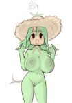  areola big_breasts black_eyes blaster_master blush breasts clothing elemental_creature elemental_humanoid female flora_fauna flower for_a_head genitals green_body green_hair hair hat headgear headwear hi_res huge_breasts humanoid kanna_(blaster_master) looking_at_viewer mostly_nude nipples object_head open_mouth plant plant_humanoid plantpenetrator pussy simple_background smile solo standing straw_hat tail thick_thighs wide_hips 