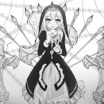  1girl :d absurdres bangs commentary danraz0r dress english_commentary frilled_dress frills gradient_background grey_background greyscale habit hands_up highres honkai_(series) honkai_impact_3rd juliet_sleeves long_sleeves looking_at_viewer monochrome nun puffy_sleeves smile solo theresa_apocalypse theresa_apocalypse_(valkyrie_pledge) v veil white_background 