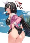  1girl ass bare_shoulders bikini bikini_pull black_bikini black_hair black_wings blue_archive blue_sky blush breasts clothes_pull cloud cowboy_shot day feathered_wings food food_in_mouth frilled_bikini frills from_behind hairband halo highres holding holding_food jacket jacket_over_swimsuit leaning_forward long_sleeves looking_at_viewer looking_back maki_(maki_pei) mashiro_(blue_archive) mashiro_(swimsuit)_(blue_archive) mouth_hold off-shoulder_bikini off_shoulder open_clothes open_jacket outdoors pink_jacket popsicle popsicle_in_mouth pulled_by_self purple_eyes short_hair sky solo swimsuit white_hairband wings 