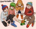  4boys adidas animification beanie black_hair blonde_hair blue_eyes blue_footwear brown_eyes brown_hair eokiba-um eric_cartman green_eyes green_footwear green_headwear grin hat hood hoodie jacket kenny_mccormick kyle_broflovski legs long_sleeves male_child male_focus multiple_boys open_mouth orange_footwear orange_hoodie red_footwear red_hair shirt shoelaces shoes short_sleeves shorts smile sneakers socks south_park sportswear stan_marsh track_jacket white_shirt white_socks 