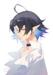  1boy ahoge arknights black_collar black_hair blue_hair closed_mouth collar collarbone collared_shirt commentary_request hair_between_eyes highres indai_(3330425) looking_at_viewer lumen_(arknights) male_focus multicolored_hair orange_eyes parted_bangs pointy_ears shirt simple_background solo two-tone_hair upper_body white_background white_shirt 