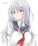  1girl artist_name black_sailor_collar dated gakky grey_eyes grey_hair hibiki_(kancolle) highres kantai_collection long_hair looking_at_viewer neckerchief one-hour_drawing_challenge red_neckerchief sailor_collar school_uniform serafuku simple_background solo upper_body white_background 
