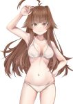  1girl ahoge bare_arms bare_legs bare_shoulders bikini blush breasts brown_eyes brown_hair closed_mouth collarbone cowboy_shot groin highres huge_ahoge kantai_collection koru_pera kuma_(kancolle) long_hair medium_breasts navel simple_background smile solo swimsuit white_background white_bikini 