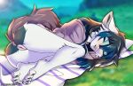  anthro anus black_hair blue_highlights blush bottomless butt butterfliess canid canine character_request claws clothed clothing digital_media_(artwork) eyes_closed feet female fox fur genitals hair hi_res highlights_(coloring) hoodie long_hair lying mammal multicolored_body multicolored_fur nude on_side open_mouth pawpads paws presenting presenting_hindquarters pussy raised_tail shirt sleeping solo solo_focus tail teeth toes topwear two_tone_body white_body white_fur 