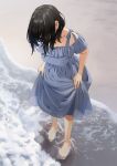  1girl barefoot beach black_hair blue_dress breasts collarbone day dress feet frilled_dress frills full_body large_breasts looking_down mattaku_mousuke medium_hair original outdoors shadow short_sleeves skirt_hold solo standing toes wading water 