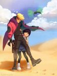  1boy 1girl black_pants blonde_hair blue_sky brown_footwear bug cloud cloudy_sky coat desert earrings frauvonpaulus gun highres jewelry meryl_stryfe pants prosthesis prosthetic_arm red_coat sand shadow sky sunglasses trigun trigun_stampede vash_the_stampede weapon white_footwear 