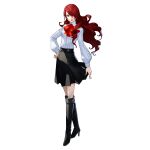  1girl absurdres artist_request ascot black_footwear black_skirt boots english_commentary full_body gekkoukan_high_school_uniform hair_over_one_eye hand_on_own_hip high_heel_boots high_heels highres kirijou_mitsuru knee_boots long_hair official_art persona persona_3 red_ascot red_eyes red_hair school_uniform shirt skirt standing white_background white_shirt 