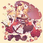  1girl animal_ears autumn autumn_leaves bell black_gloves black_kimono black_skirt black_thighhighs blonde_hair blush braid brown_hair commentary dog dog_ears dog_girl food fox_mask fox_shadow_puppet full_body geta gloves gradient_hair head_bowed hyou_(pixiv3677917) japanese_clothes kimono long_sleeves looking_at_viewer mask mask_on_head multicolored_hair neck_bell obi oil-paper_umbrella onigiri original platform_footwear pleated_skirt pom_pom_(clothes) red_sleeves sash shiba_inu signature simple_background skirt smile solo symbol-only_commentary thick_eyebrows thighhighs twin_braids umbrella wide_sleeves yellow_background yellow_eyes 
