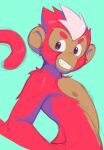  anthro blue_eyes dandi fur grin hand_on_hip haplorhine male mammal monkey nipples nude primate red_body red_fur simple_background smile solo 