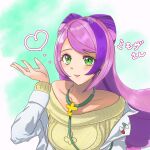  1girl blowing_kiss breasts coat collarbone cross cross_earrings earrings green_eyes highres jewelry light_purple_hair long_hair miriam_(pokemon) open_clothes open_coat pink_hair pink_lips pokemon pokemon_(game) pokemon_sv school_nurse stethoscope sweater white_coat yellow_nails yellow_sweater ypav7273 