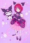  1girl animal arima_kana black_footwear black_shirt bob_cut dress full_body gloves highres horns inverted_bob kuromi maid_headdress oshi_no_ko pink_ribbon pink_skirt purple_background purple_gloves red_eyes red_hair ribbon shirt short_hair skirt smile socks star_(symbol) white_socks xiang_yu_pai 