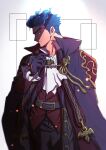  1boy absurdres ascot belt black_gloves blue_fire blue_hair blurry collared_cape collared_shirt commentary_request fiery_horns fire forked_eyebrows frilled_sleeves frills gloves hair_slicked_back highres horns long_sideburns looking_to_the_side male_focus mohumohu1006 official_alternate_costume partial_commentary revision sakimori_toji shirt short_hair sideburns solo thick_eyebrows tokyo_afterschool_summoners upper_body white_ascot white_background 