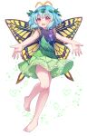  1girl antennae aqua_hair barefoot blush butterfly_wings dress eternity_larva fairy full_body green_dress hair_between_eyes kaoling leaf leaf_on_head looking_at_viewer multicolored_clothes multicolored_dress open_mouth orange_eyes short_hair short_sleeves smile solo touhou transparent_background wings 