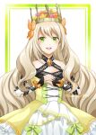  1girl :d bare_shoulders blonde_hair butterfly_hair_ornament celine_(fire_emblem) crown dress fire_emblem fire_emblem_engage flower green_eyes hair_flower hair_ornament highres long_hair looking_at_viewer midori_no_baku open_mouth own_hands_together simple_background smile solo teeth twitter_username upper_teeth_only very_long_hair yellow_dress 