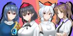  4girls absurdres animal_ears bare_shoulders black_bow black_bowtie black_hair black_necktie blue_shirt bow bowtie breasts brown_hair closed_mouth collared_shirt crossed_arms hat highres himekaidou_hatate iizunamaru_megumu inubashiri_momiji long_hair looking_at_viewer multicolored_background multiple_girls necktie orange_background pointy_ears purple_background red_background red_eyes shameimaru_aya shirt short_hair shushan smile tokin_hat touhou twintails upper_body white_hair white_shirt white_sleeves wolf_ears wolf_girl yellow_eyes 