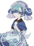  1boy apron aqua_hair blue_capelet blue_eyes blue_hairband bright_pupils capelet clenched_hand closed_mouth commentary_request corset dot_mouth dress frilled_apron frilled_hairband frilled_sleeves frills hairband hand_on_own_chest hand_up kegen_(_kegen) made_in_abyss male_focus maruruk no_nose otoko_no_ko pouch puffy_short_sleeves puffy_sleeves short_hair short_sleeves simple_background solo waist_apron white_background white_dress white_pupils 