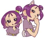  1girl animal_ears blush cat_ears cat_tail commentary_request cropped_torso dayama hand_on_own_chin hand_up kemonomimi_mode looking_at_viewer multiple_views ojamajo_doremi one_side_up open_mouth purple_eyes purple_hair purple_shirt segawa_onpu shirt short_hair short_sleeves simple_background smile smug tail upper_body white_background 