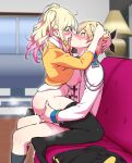  1boy 1girl ass ass_grab black_thighhighs blonde_hair blush bottomless breasts brother_and_sister clothed_sex commentary_request commission couch cum french_kiss gradient_hair hands_on_another&#039;s_head hetero incest indoors jacket kiss large_breasts long_hair long_sleeves looking_at_another multicolored_hair nipples on_couch open_clothes orange_jacket pixiv_commission project_sekai saliva sanagi_torajirou sex short_hair siblings sidelocks sitting skirt skirt_removed steaming_body straddling sweat tenma_saki tenma_tsukasa thighhighs thighs tongue tongue_out twintails upright_straddle white_jacket 