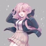  1girl :d backpack bag black_jacket breasts brown_skirt collared_shirt cowboy_shot danganronpa_(series) danganronpa_2:_goodbye_despair galaga grey_background hair_ornament hands_up highres hood hood_down hooded_jacket jacket large_breasts long_sleeves looking_at_viewer miniskirt nanami_chiaki neck_ribbon pink_bag pink_eyes pink_ribbon pleated_skirt ribbon shirt shirt_tucked_in simple_background skirt smile solo teeth upper_teeth_only yuexi_(feather1650ree) 