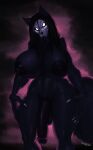  2023 anthro big_breasts big_penis black_body black_fur black_hair bone breasts canid canine canis fur genitals glowing glowing_eyes gynomorph hair hi_res huge_breasts intersex jindragowolf looking_at_viewer malo mammal monster nipples nude penis scp-1471 scp-1471-a scp_foundation skull skull_head solo tongue 