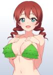  1girl absurdres aqua_eyes bikini blush breasts dark_red_hair emma_verde frilled_bikini frills green_bikini hands_on_own_chest highres large_breasts looking_at_viewer love_live! love_live!_nijigasaki_high_school_idol_club low_twintails mixed-language_commentary mnkr98 navel open_mouth paid_reward_available simple_background smile solo swimsuit twintails 