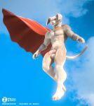  5_fingers abs anthro balls blue_sky bottomless canid canine canis clothed clothing dc_comics dc_league_of_super-pets domestic_dog fingers fur genitals krypto male mammal muscular muscular_male penis pink_nose sky solo topless topless_anthro white_body white_fur yellow_eyes zorryn 
