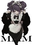  1girl alternate_costume apron asyde black_bow black_bowtie bow bowtie diagonal_bangs enmaided eyelashes frilled_apron frilled_headwear frills highres idolmaster idolmaster_shiny_colors long_hair long_sleeves looking_at_viewer maid maid_apron maid_headdress purple_eyes purple_hair solo tanaka_mamimi tongue tongue_out twintails white_background 