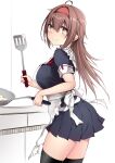  1girl absurdres alternate_hair_length alternate_hairstyle apron black_serafuku black_skirt blush breasts brown_hair cooking egg_(food) food frilled_apron frills hair_between_eyes hairband highres holding holding_spatula kantai_collection kuromayu large_breasts long_hair looking_at_viewer orange_eyes pleated_skirt red_hairband sailor_collar school_uniform serafuku shiratsuyu_(kancolle) shiratsuyu_kai_ni_(kancolle) short_hair short_sleeves simple_background skirt solo spatula translation_request white_apron white_background 