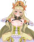  1girl absurdres bare_shoulders blonde_hair blush bow breasts butterfly_hair_ornament celine_(fire_emblem) crown detached_sleeves dress dress_bow fire_emblem fire_emblem_engage flashing flower green_eyes hair_flower hair_ornament highres lifted_by_self long_hair looking_at_viewer narunaru_(mimizu) nipples orange_bow small_breasts smile solo teeth very_long_hair white_background wrist_bow yellow_bow yellow_dress 