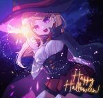  1girl :d akamatsu_kaede alternate_costume artist_name black_cape black_headwear breasts cape cowboy_shot danganronpa_(series) danganronpa_v3:_killing_harmony fang hand_up happy_halloween hat holding large_breasts leaning_forward mikao_(eanv5385) night outdoors pink_headwear smile solo star_(symbol) teeth tree upper_teeth_only witch_hat 