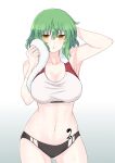  1girl armpits ass_visible_through_thighs breasts buruma cleavage collarbone drying gradient_background green_hair grey_background highres hikage_(senran_kagura) large_breasts looking_at_viewer navel open_mouth senran_kagura senran_kagura_burst senran_kagura_shoujo-tachi_no_shin&#039;ei short_hair slit_pupils snake_tattoo solo sports_bikini sports_bra stomach sweat tattoo towel two-tone_sports_bra white_background yellow_eyes zatsu 