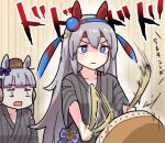  2girls afterimage animal_ears black_kimono blue_eyes breasts brown_headwear closed_mouth commentary constricted_pupils drum drumsticks frown gold_ship_(umamusume) grey_hair hairband hat headband horse_ears instrument japanese_clothes kimono long_hair multiple_girls music oishi_oiru oozora_naomi open_mouth playing_instrument shaded_face small_breasts sound_effects speed_lines standing taiko_drum taiko_no_tatsujin tamamo_cross_(umamusume) tracen_ondo_outfit_(umamusume) umamusume v-shaped_eyebrows voice_actor_connection wide-eyed 