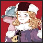  1girl ace_attorney arm_up black_border black_ribbon blonde_hair blue_eyes blush border closed_mouth coat curly_hair fur-trimmed_coat fur_hat fur_scarf fur_trim hat holding holding_tray long_sleeves looking_at_viewer medium_hair mittens neck_ribbon olga_orly pink_mittens purple_coat red_background ribbon scarf serving_dome solo tray two-tone_headwear white_scarf zhengyidehaoyoulu 