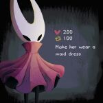  1girl alicezakat arrow_(symbol) arthropod_girl artist_name black_eyes black_skin blank_eyes cloak colored_skin commentary english_commentary english_text grey_background heart high_collar highres hollow_knight hornet_(hollow_knight) like_and_retweet red_cloak simple_background standing twitter_username watermark 