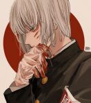  1boy armband bishounen black_jacket blood blood_on_face blood_on_gloves blood_on_hands buttons closed_mouth commentary from_side gakuran gloves hand_on_own_chin hand_up high_collar highres jacket kagoya1219 male_focus original plastic_gloves profile school_uniform short_hair signature solo symbol-only_commentary upper_body white_background white_hair yellow_eyes 